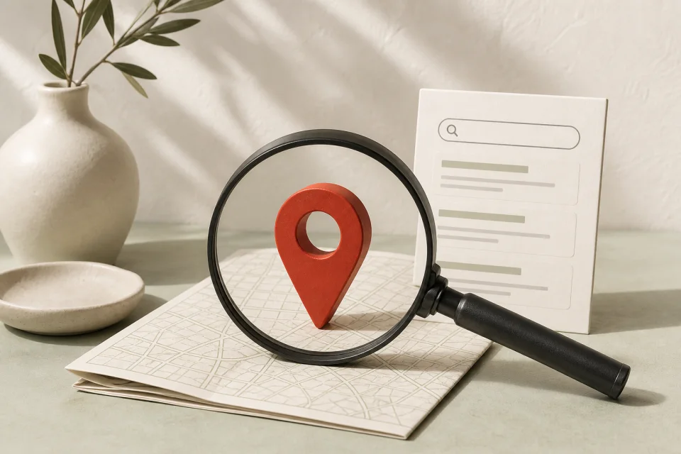Illustration of a magnifying glass and business map pin