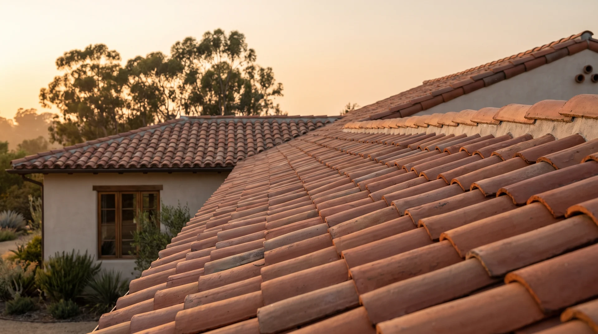 Illustrative warm terracotta roof tiles in afternoon sun