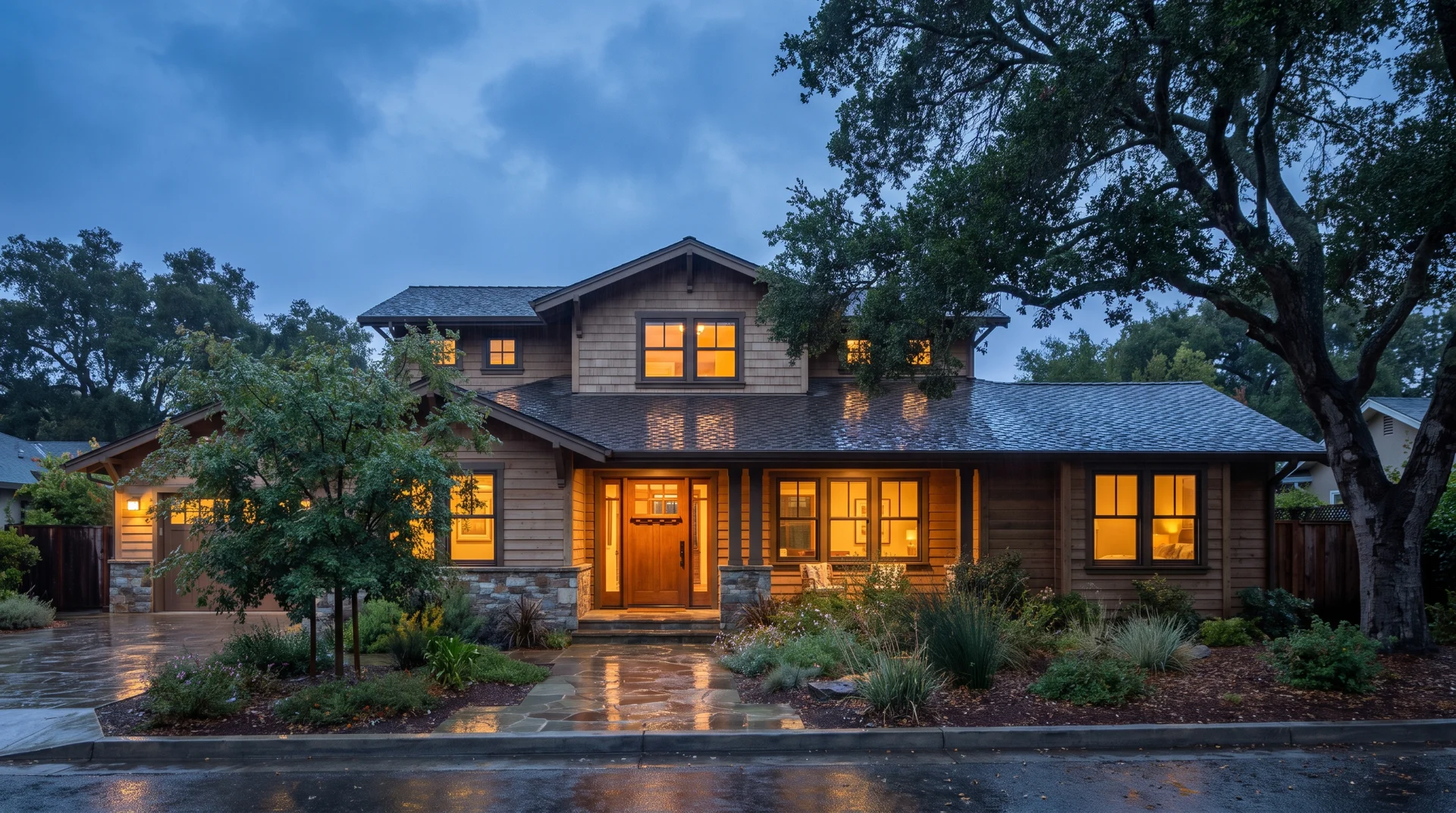 Illustrative Craftsman home with a shingle roof at dusk
