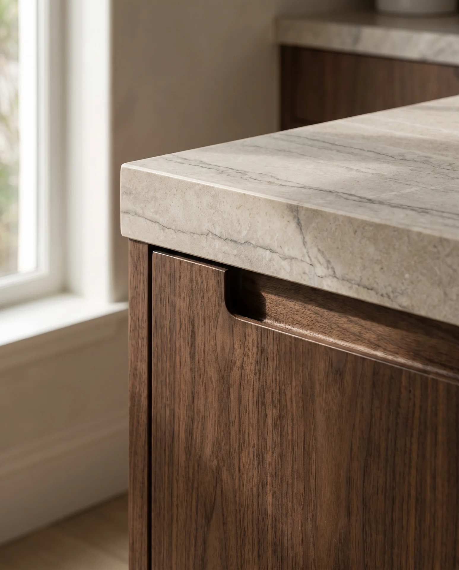 Illustrative close-up of walnut joinery and warm stone