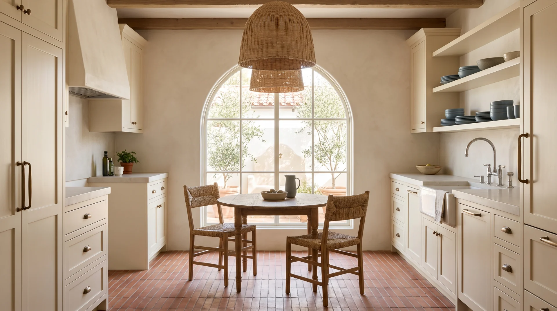 Illustrative bright California kitchen with considered natural finishes