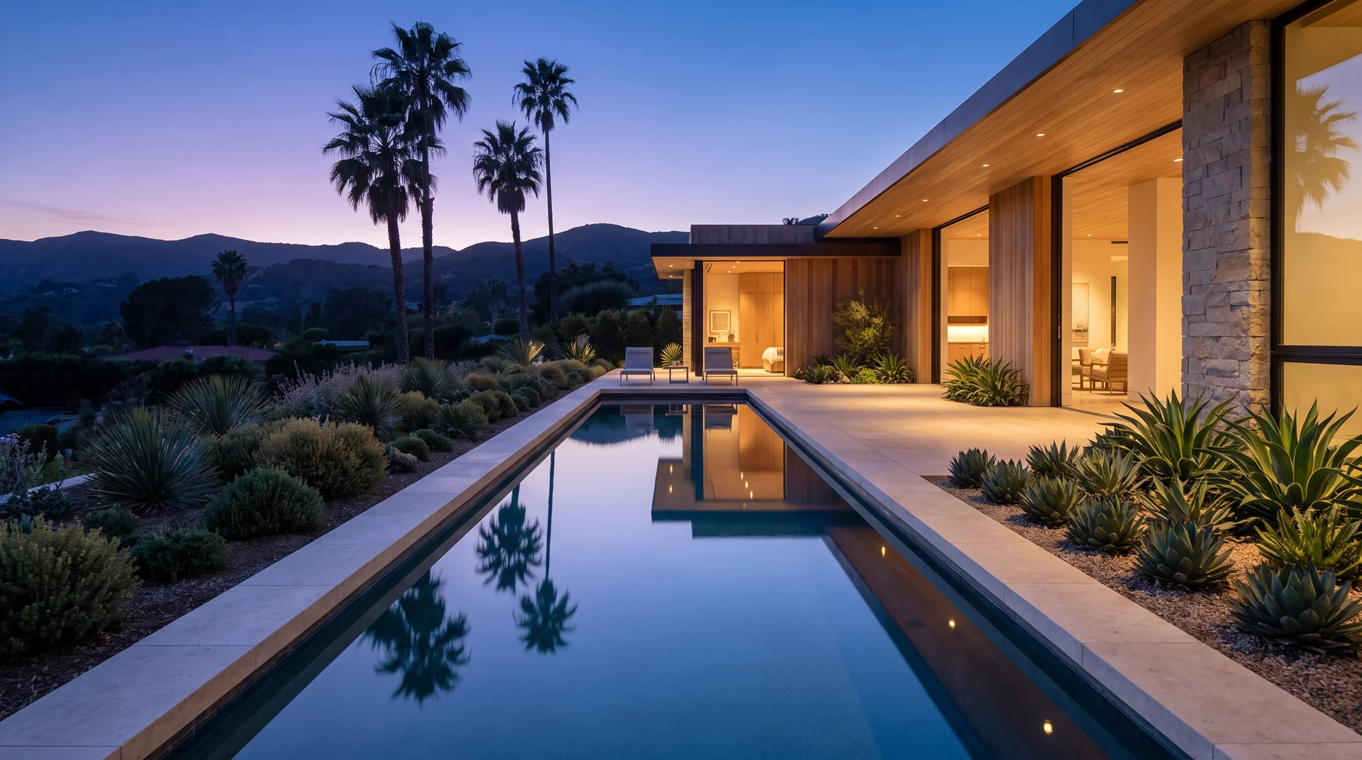 Illustrative California pool and limestone terrace at blue hour