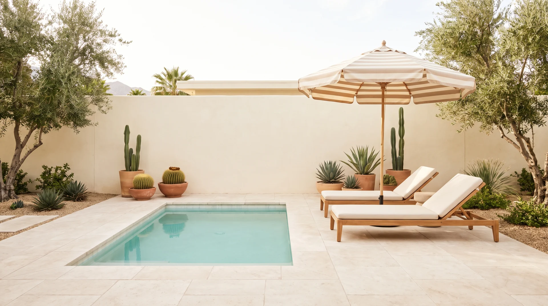 Illustrative sunlit desert pool with a calm architectural setting