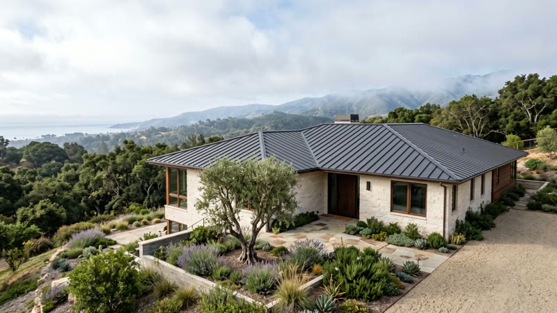 A California home with a standing-seam roof in soft coastal light