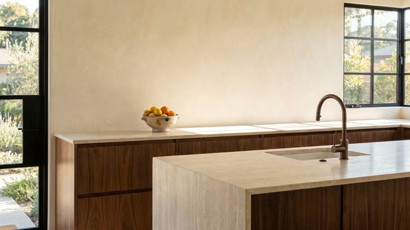 An illustrative walnut and stone kitchen, explored in a slow architectural film