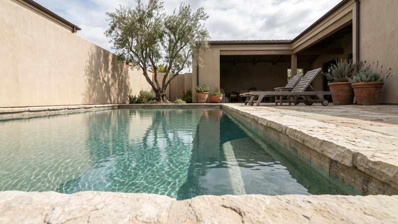 An illustrative courtyard pool with reflections moving across turquoise water