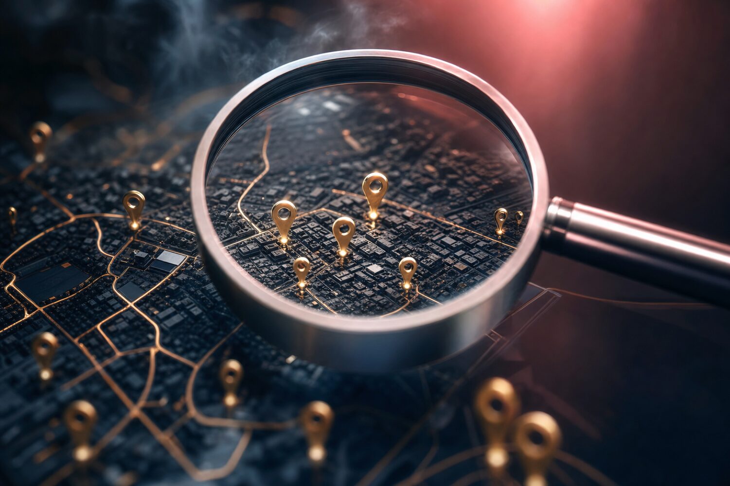 Brushed-metal magnifying glass hovering over a glowing 3D map of Beverly Hills with golden pin markers