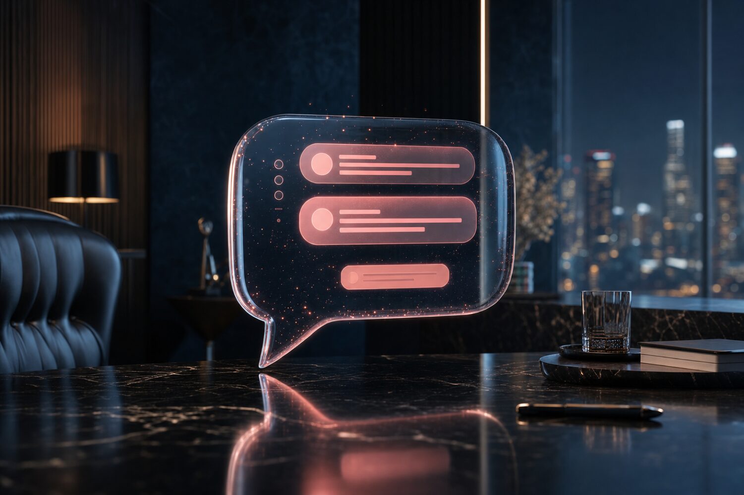 Floating glass-like chat bubble UI with coral message threads above a polished obsidian desk
