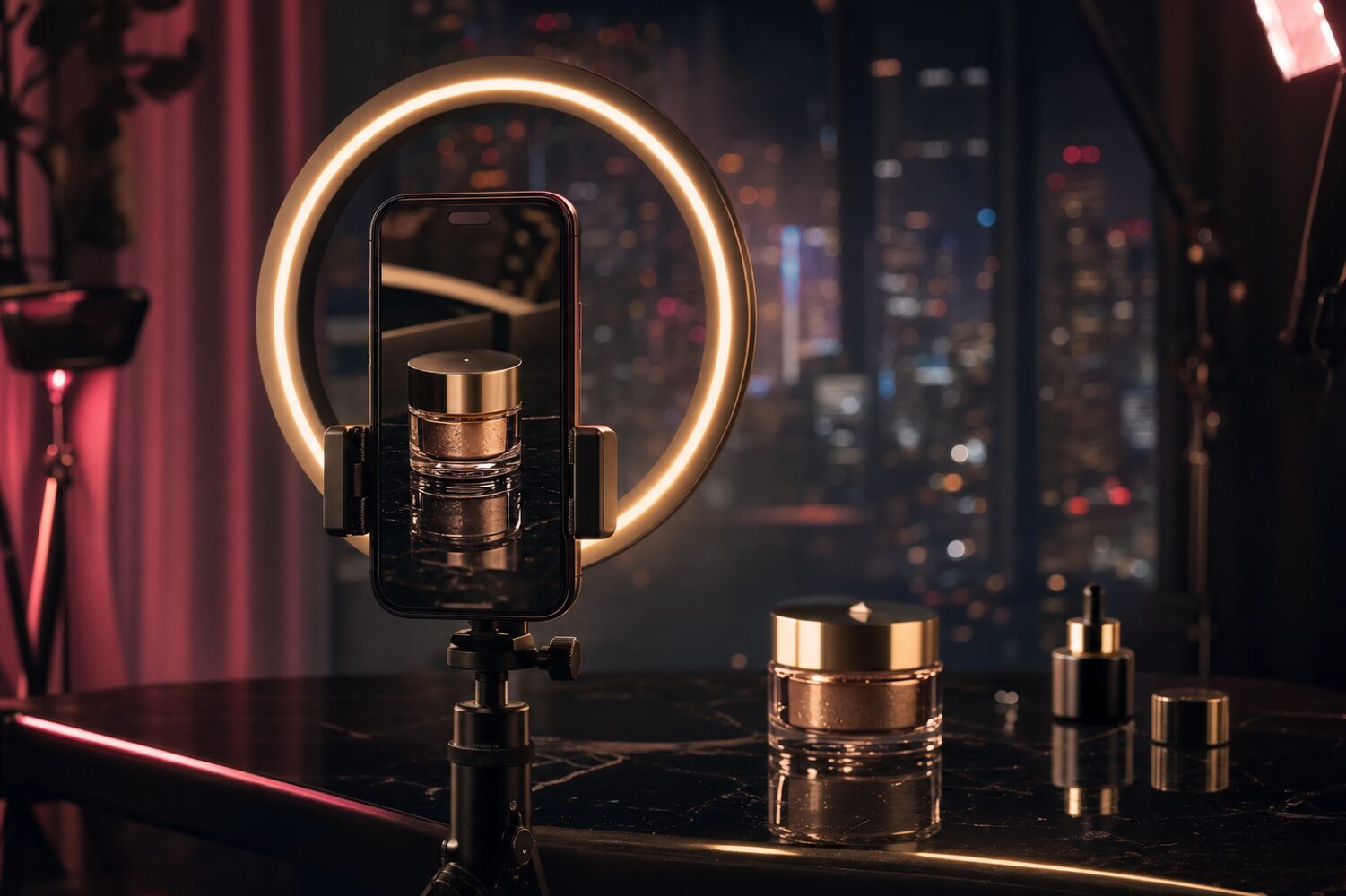 Smartphone on vertical tripod recording a luxury beauty product under a golden ring-light