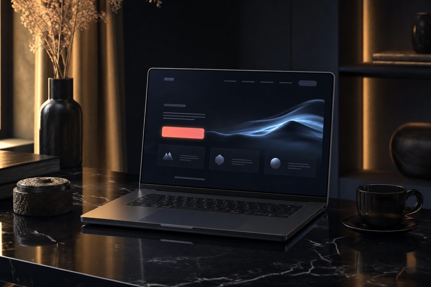 Dark-themed laptop displaying a minimalist landing page mockup with a coral CTA button