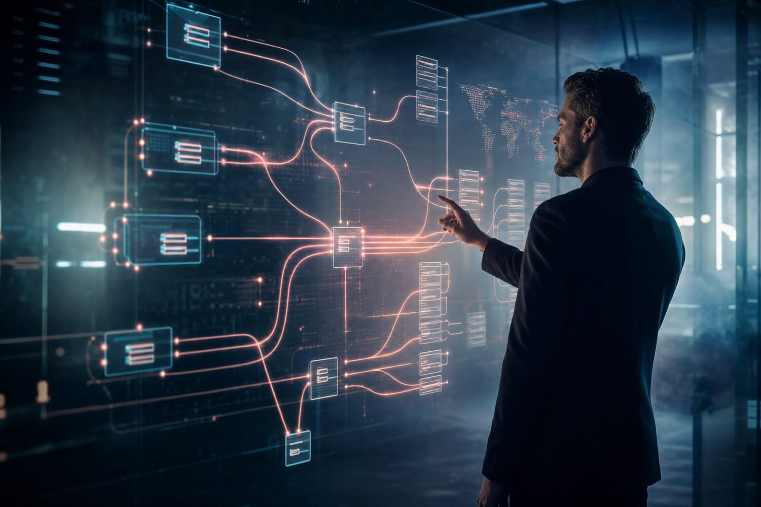 Glowing API endpoints and database schema diagrams pulsing on a translucent dark glass screen