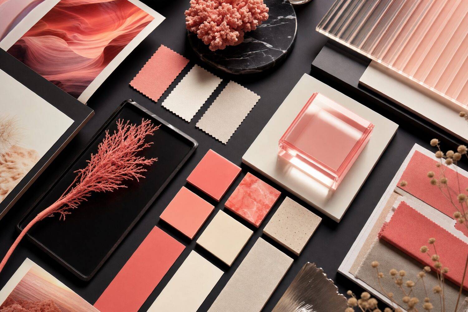 Overhead flat-lay of luxury design system tiles, swatches, and typography specimens in coral and ivory