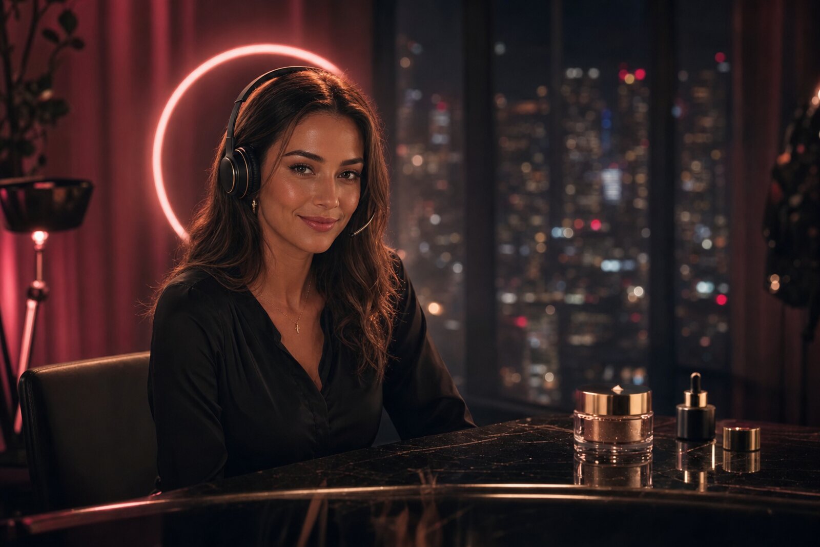 Ultra-realistic Beverly Hills concierge receptionist wearing a sleek black-and-gold headset, coral neon halo behind, blurred Beverly Hills night skyline through window